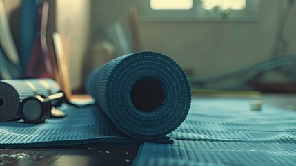 exercise rolled up yoga mat - obrazy, fototapety, plakaty