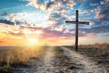 Wooden cross on the beach at sunset. Conceptual image.
