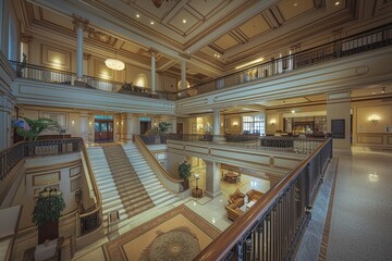 A dramatic perspective capturing the grandeur of the hotel lobby, with a sweeping staircase leading to a mezzanine level overlooking the expansive reception area below.