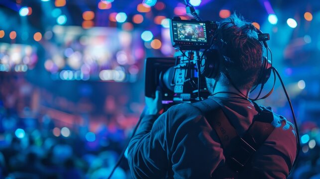 Professional cameraman covering on event with a video, cameraman silhouette on live studio news, Selective focus