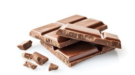 Milk chocolate pieces isolated on white background from top view