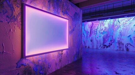 A gallery with a wall painted with ultraviolet paint, featuring an empty wall frame mockup that glows under UV light, creating an ethereal 