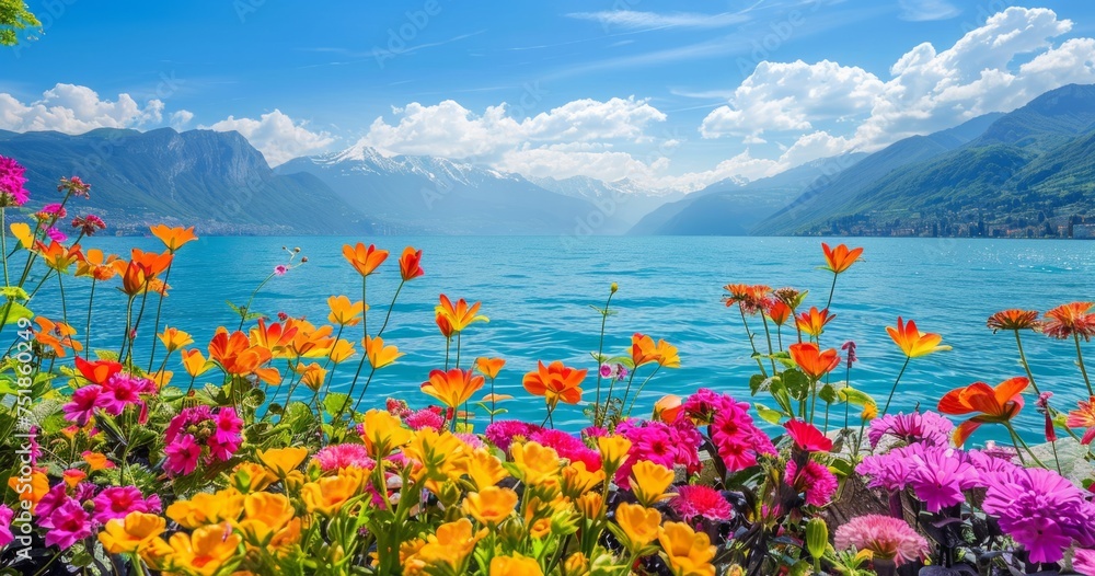 Poster beautiful flowers on the shore with a lake in background generative ai