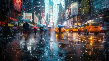 downpour raining nyc - obrazy, fototapety, plakaty
