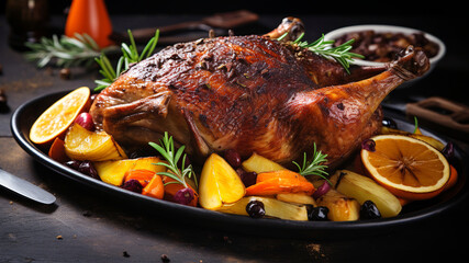 Roast whole duck with potatoes and oranges on a dark stone background
