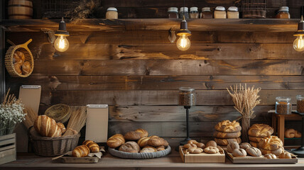 A cozy artisanal bakery setting with a small business reminder template on a rustic wood-paneled...