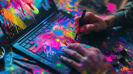 A panda artist creating a digital masterpiece on a laptop using a stylus, surrounded by colorful paint splatters on a canvas-like background. - obrazy, fototapety, plakaty