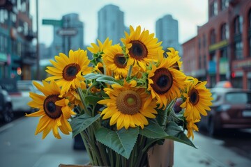 Modern Elegance: Sunflowers in the Cityscape, AI Generative
