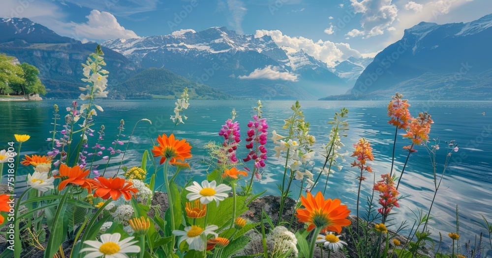 Poster flowers at the lake front with mountain behind them generative ai