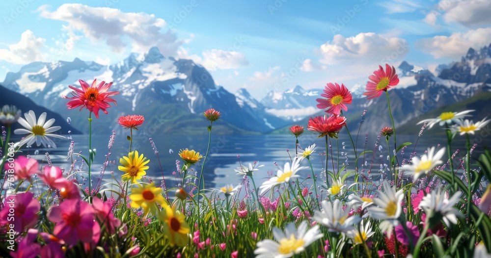 Poster a colorful array of flowers in front of mountains generative ai