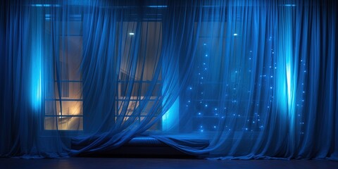 Blue sheer curtains adorned with soft twinkling lights, creating a mystical and captivating ambiance