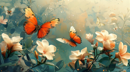 Peinture digitale de gardénias dans un jardin avec des papillons