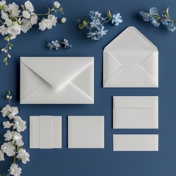 Generate an image of a formal event invitation set mockup featuring 1 plain white paper envelope, 1 invitation card, 1 RSVP card, 1 rsvp envelope and guest table name card. 