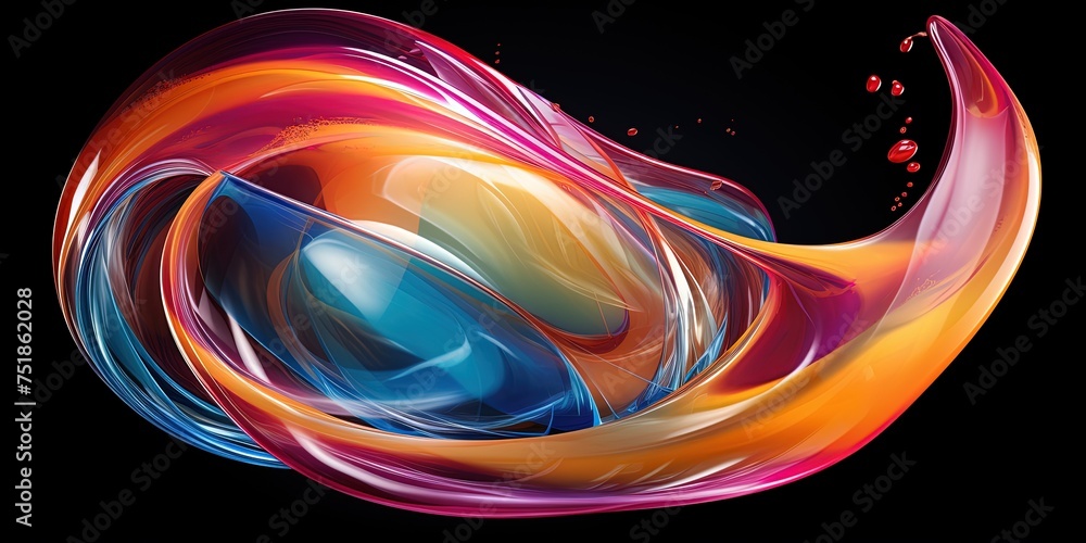 Poster swoosh of colors. liquid colors swoosh in a transparent orb. some splashing out.
