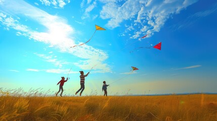 A group of people are flying kites in a grassy field under the azure sky with fluffy cumulus clouds floating in the atmosphere. AIG41