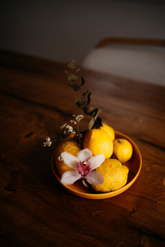 Elegant display of lemons and orchid in a bowl