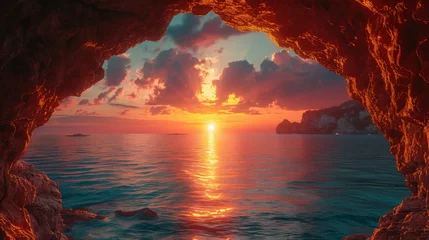 Poster Vintage sea sunset from the mountain cave. © Matthew
