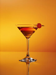 Classic Cocktail Served in a Martini Glass With Cherry Garnish Against a Warm Orange Backdrop 