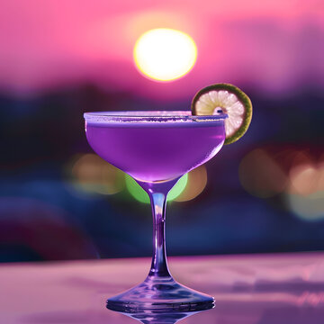 Vibrant Purple Cocktail With Citrus Garnish at Sunset in Summer