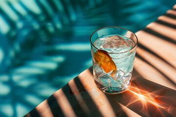 Refreshing Glass of Water With Lemon Slice on a Sunny Day by the Pool in Summer