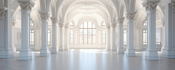 The majestic arched windows of the grand room radiate with natural light, creating a perfect balance of symmetry and architecture that evokes a sense - obrazy, fototapety, plakaty