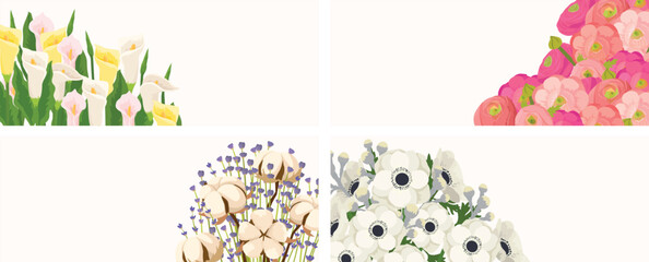 Four panels various flowers including calla lilies, roses, anemones, lavender. Elegant floral designs spring occasions. Artistic flowers greeting cards vector illustration