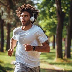 young man running in the park with headphones