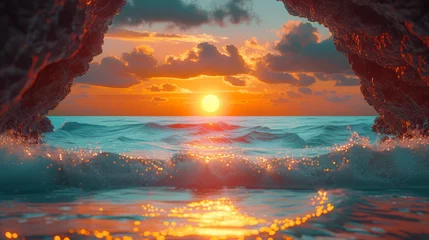 Crédence de cuisine en verre imprimé Coucher de soleil sur la plage Vintage sea sunset from the mountain cave.