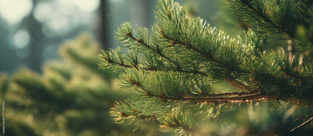 Poster a close-up view of a pine tree branch, showcasing a couple of pine tree leaves growing in the shade.