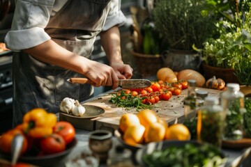 A chef preparing a meal with locally sourced, seasonal ingredients, supporting local agriculture and reducing carbon footprint.