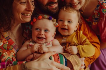 A polyamorous group navigating parenthood together, showing a diverse and inclusive family structure.