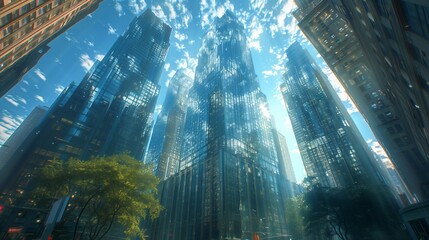 Viewing a city skyline on a sunny day reveals towering skyscrapers made of glass, surrounded by lush forests and terrestrial plants in the natural landscape