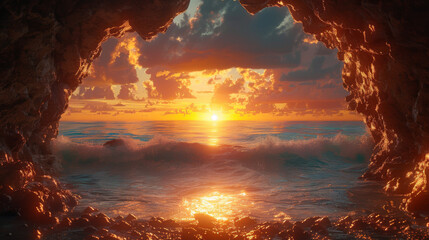 Vintage sea sunset from the mountain cave.