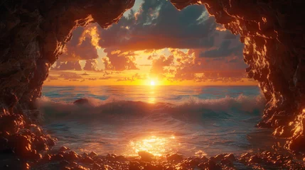 Foto auf Acrylglas Vintage sea sunset from the mountain cave. © Matthew