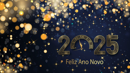 cartão ou banner para desejar um feliz ano novo 2025 em ouro o 0 é um relógio em um fundo gradiente azul escuro com estrelas douradas e círculos em efeito bokeh - obrazy, fototapety, plakaty