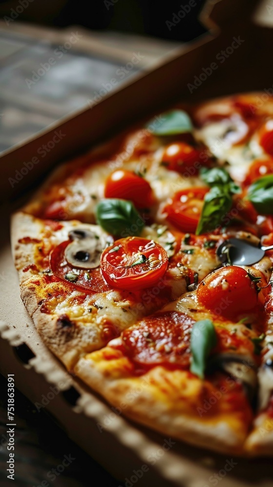 Poster a pizza in a box with tomatoes and . generative ai.