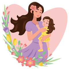 mom with little daughter surrounded by flowers vector