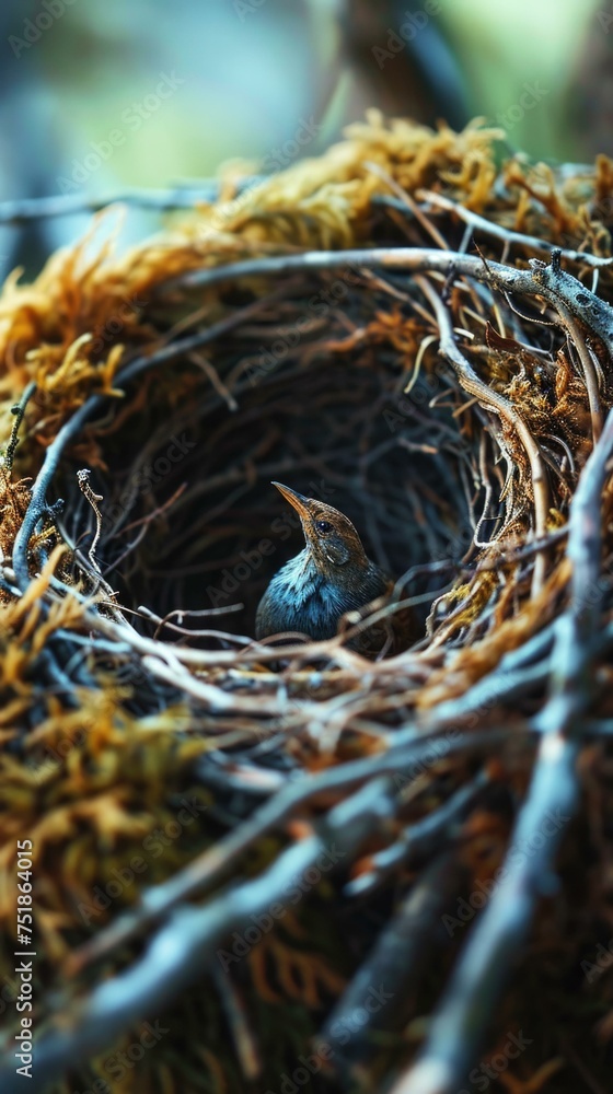 Poster a bird nest in the middle of a tree. generative ai.