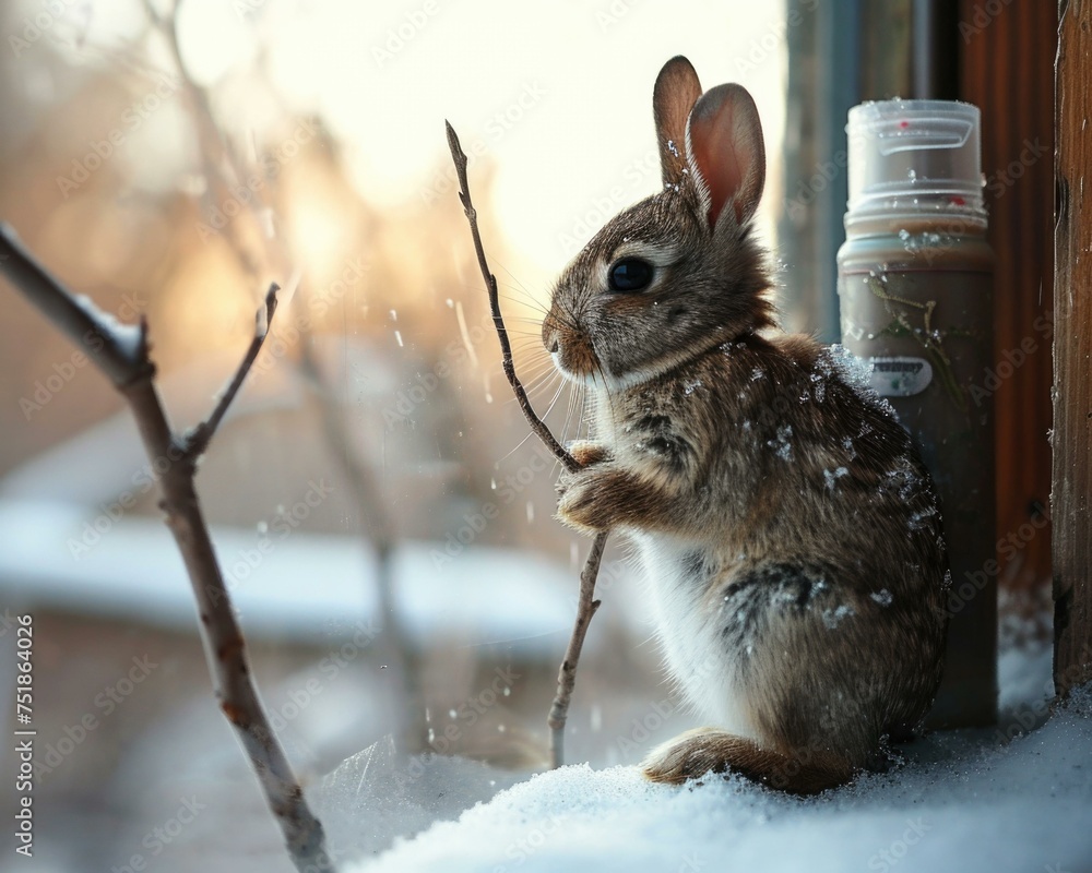 Poster a small rabbit sitting on a window sill in the snow. generative ai.