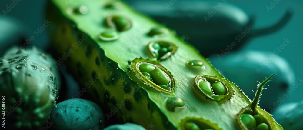 Poster a close up of a cucumber with green leaves. generative ai.