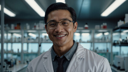 Ricercatore chimico di origini asiatiche sorride mentre lavora in un laboratorio vestito con il camice bianco camicia e occhiali