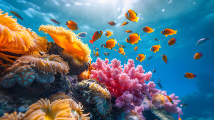 Fish swimming by stony coral reef in the underwater world - obrazy, fototapety, plakaty