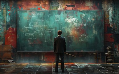 A man in a suit is standing in front of a large blackboard, ready to entertain and display artistic creations. The blackboards font is electric blue, contrasting against the darkness