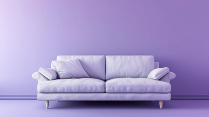 A straightforward bedroom setup featuring a simple sofa against a serene lavender background wall.