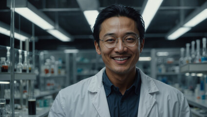 Ricercatore chimico di origini asiatiche sorride mentre lavora in un laboratorio vestito con il camice bianco camicia e occhiali - obrazy, fototapety, plakaty