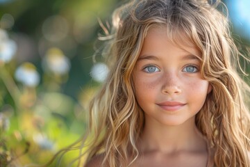 Fototapeta premium A young girl with blue eyes and windswept blonde hair gives a gentle smile, bathed in natural light