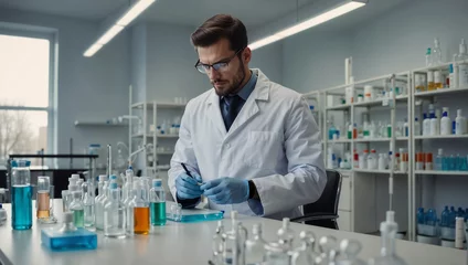 Fotobehang Ricercatore chimico mentre lavora in un laboratorio vestito con il camice bianco camicia e occhiali © Wabisabi