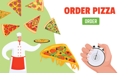 Chef holding pizza, fast delivery concept. Hand stopwatch, time order food online. Quick service tasty meal vector illustration