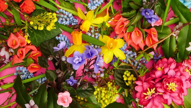 Spring composition, Pattern made of spring flowers, top view