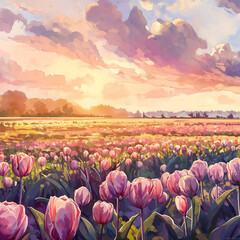 field of tulips in the country. Generative AI